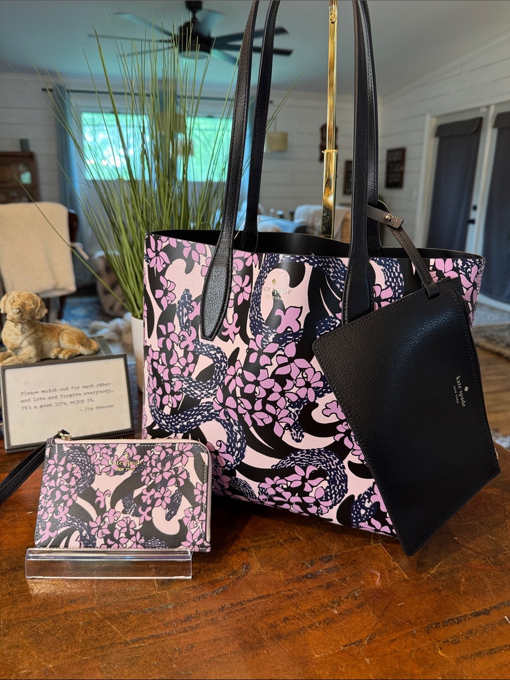 kate spade Lavender and Black Floral Tote with Black Pouch and Card Case
